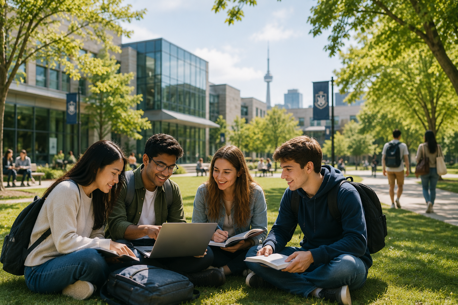 International students studying together on a university campus